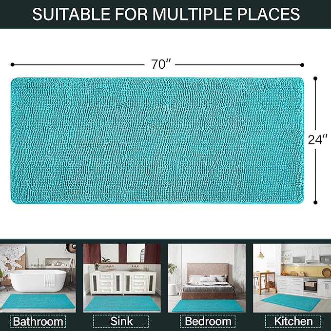LOCHAS Luxury Bathroom Rug Shaggy Bath Mat 24 x 70 Inch, Washable Non Slip Bath Rugs for Bathroom Shower, Soft Plush Chenille Absorbent Carpets Mats, Teal Blue