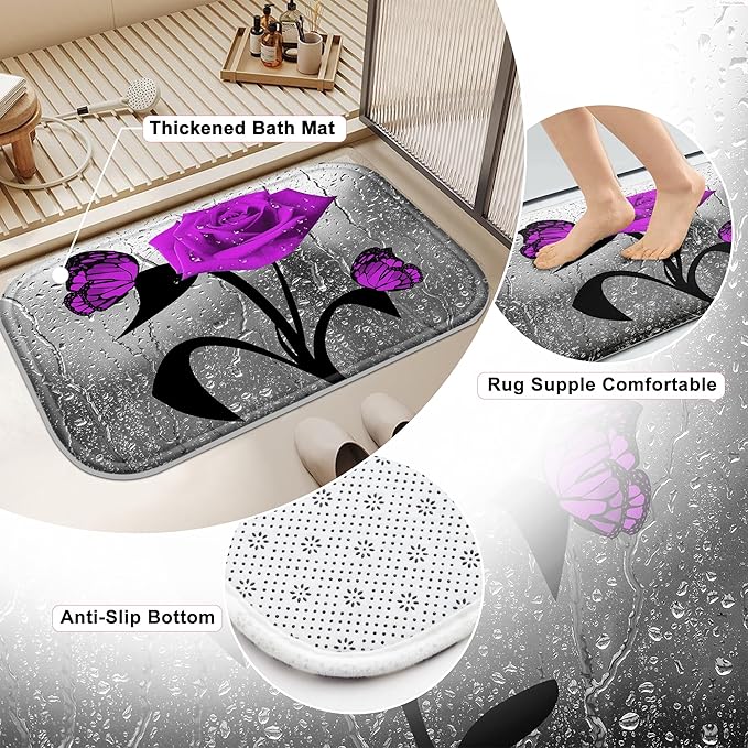 Poedist 4 Pcs Bathroom Shower Curtain Set,Purple Rose Bathroom Set, Shower Curtain Sets with Rugs(Bath Mat,U Shape and Toilet Lid Cover Mat) and 12 Hooks