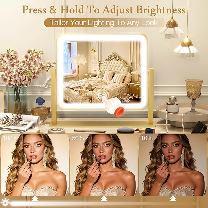 12" x14" Vanity Mirror with Light, LED Makeup Mirror with Lights, Small Gold Mirror with 360°Rotation, 3 Color Modes, Dimmable ＆ Memory Function, LED Mirror for Vanity Desk, Travel