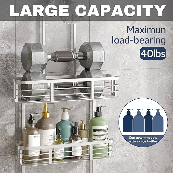 Shower Caddy Hanging, Never Rust Aluminum Shower Organizer, Over Showerhead No Drilling Shower Racks, with Soap Holder Multi Hooks Bathroom Storage for Shampoo Sponge,Silvery
