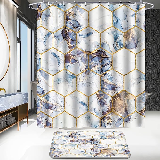 Poedist Shower Curtain Set with Rugs,Bathroom Accessory Set, Including Non-Slip Rugs,Toilet Lid Cover and Bath Mat, Waterproof Shower Curtain with 12 Hooks, Honeycomb Marble