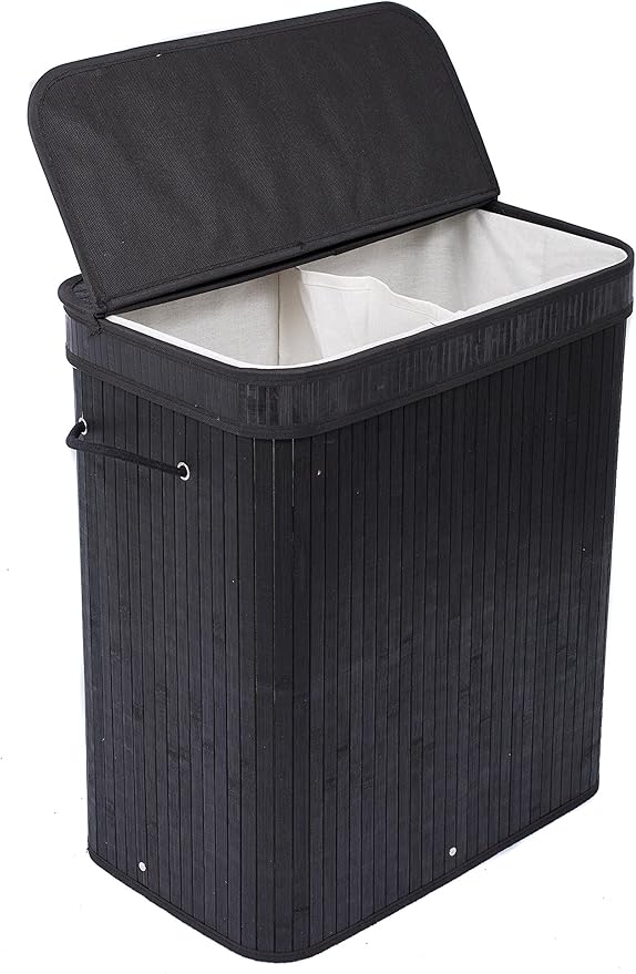 BIRDROCK HOME Double Laundry Hamper with Lid and Cloth Liner - Bamboo - Black - Easily Transport Laundry Basket - 2 Section Collapsible Hamper - String Handles