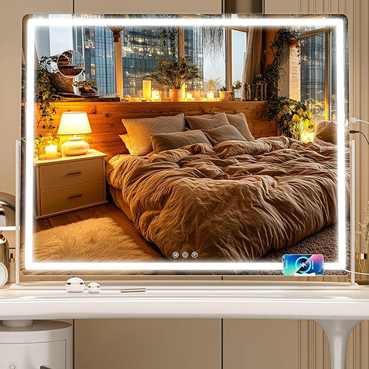 Large Vanity Mirror with Lights 34'' x 25.6'' - Touch Screen Hollywood Makeup Mirror, 3 Color Modes + Dimmable LED Lighting, Premium Aluminum Frame for Dressing Table