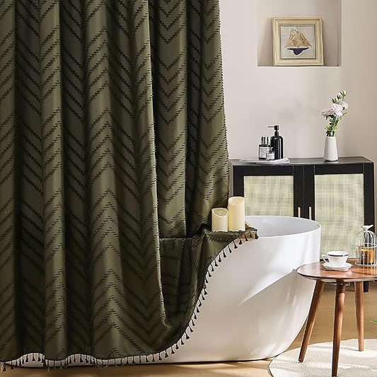 Boho Shower Curtain with Tassel Woven Fabric Olive Green Shower Curtain 72 x 72 Modern Farmhouse Textured Tufted Chevron Striped Minimalist Bathroom Shower Curtains