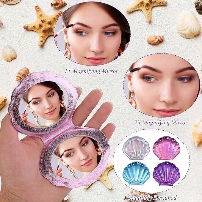 Barydat 24 Set Seashell Compact Mirror Bulk Mermaid Party Favors 4 Colors Double-sided Magnification Shell Mirror Foldable Mini Travel Pocket Mermaid for Women Girl Birthday Beach Party Supplies Decor