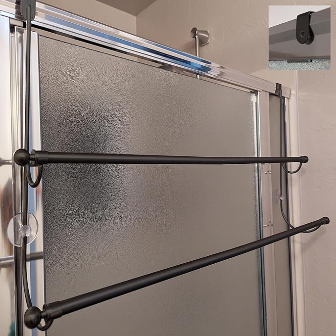 Insieme (29 x16x4.7 Inch) Towel Rack for Over Glass Shower Wall or Glass Shower Enclosure (Frameless or Frames up to 1.6" Thick). 2 Tier - Black- No Rust