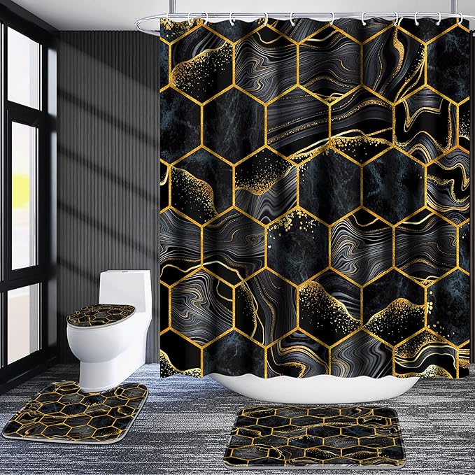 Poedist Shower Curtain Set with Rugs,Bathroom Accessory Set, Including Non-Slip Rugs,Toilet Lid Cover and Bath Mat, Waterproof Shower Curtain with 12 Hooks,Black