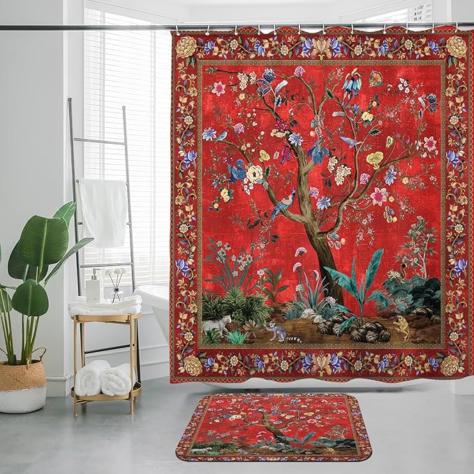Shower Curtain Set with Non-Slip Quick Dry Rugs16 x 24" and Bathroom Colorful Boho Floral Print Waterproof Fabric Bath Shower Curtain 72" x 72"