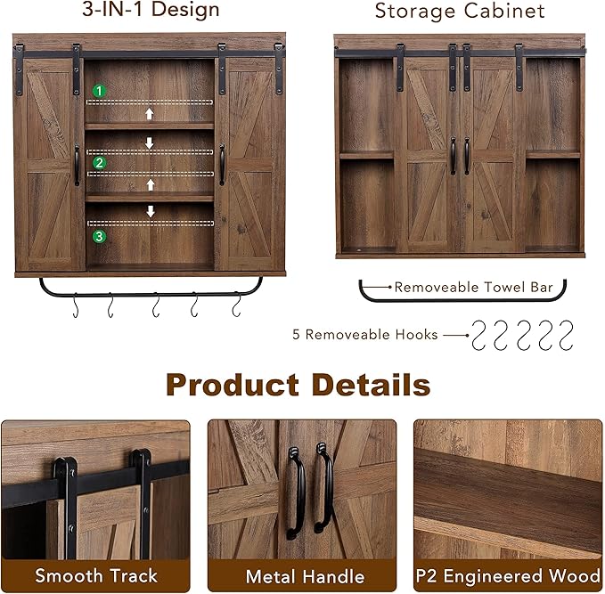 RUSTOWN Rustic Wood Wall Storage Cabinet with Two Sliding Barn Door, 3-Tier Decorative Farmhouse Vintage Cabinet for Kitchen Dining, Bathroom, Living Room, Rustic Oak