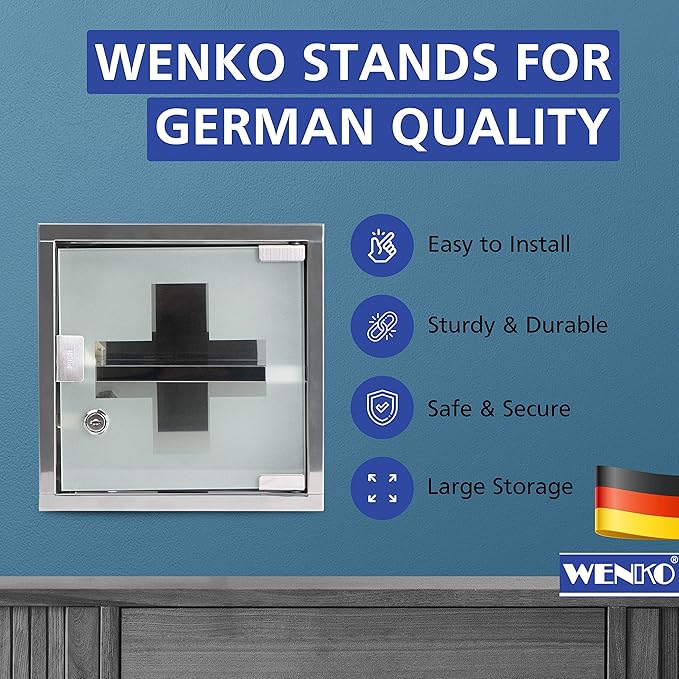 WENKO Medicine Cabinets with Lock, Wall Mounted Over The Toilet Storage Shelves, First Aid Bathroom Wall Cabinet with Safety Glass Door, Small, 9.8 x 9.8 x 4.7 in, Silver Shiny