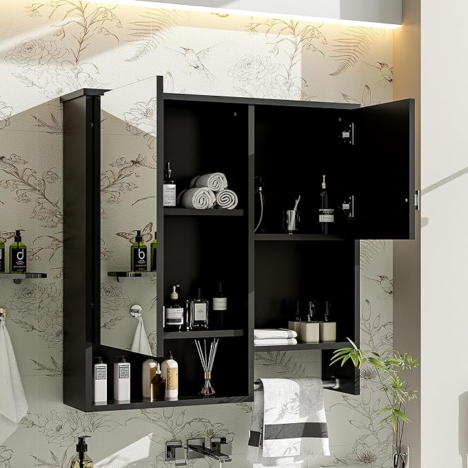 Merax Medicine Cabinet for Bathroom, Wall Mount Bathroom Cabinet with Mirror, Open Shelf, and Towel Bar, 29.5" W x 28.7" H Over The Toilet Mirrored Bath Wall Cabinet