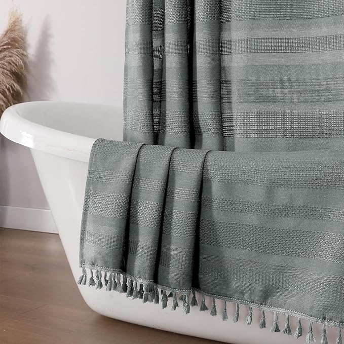 OVZME Extra Long Boho Shower Curtain 84 Inch Long, Modern Farmhouse Heavy Duty Linen Textured Soft Fabric, Rustic Country Cloth Shower Curtain with Tassel for Bathroom Hotel, 72Wx84L, Light Grey