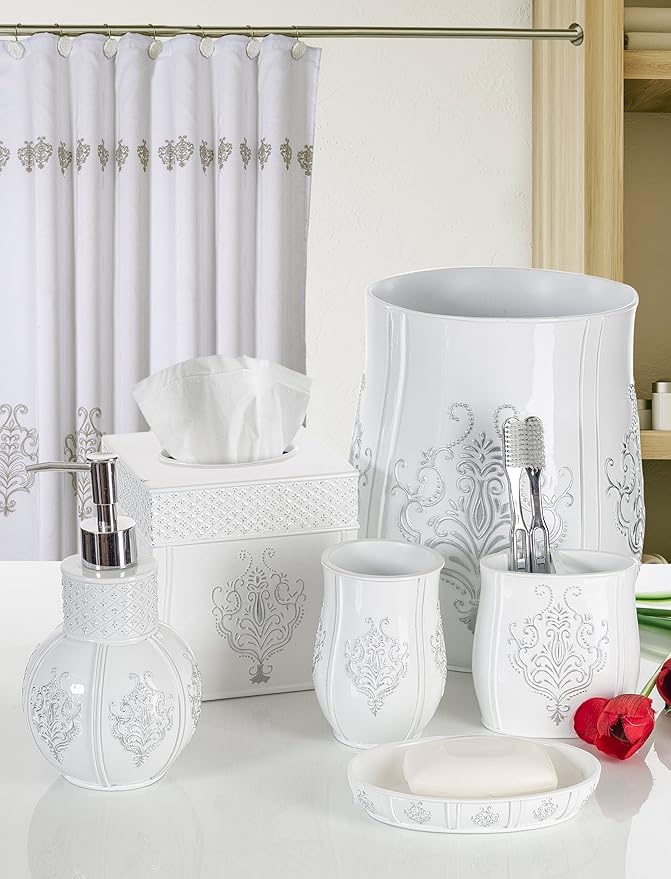 Creative Scents Vintage White Bathroom Accessories Set - 4 Piece Bathroom Set - Farmhouse French Country Bathroom Accessory Set Features: Soap Dispenser, Toothbrush Holder, Tumbler & Soap Dish