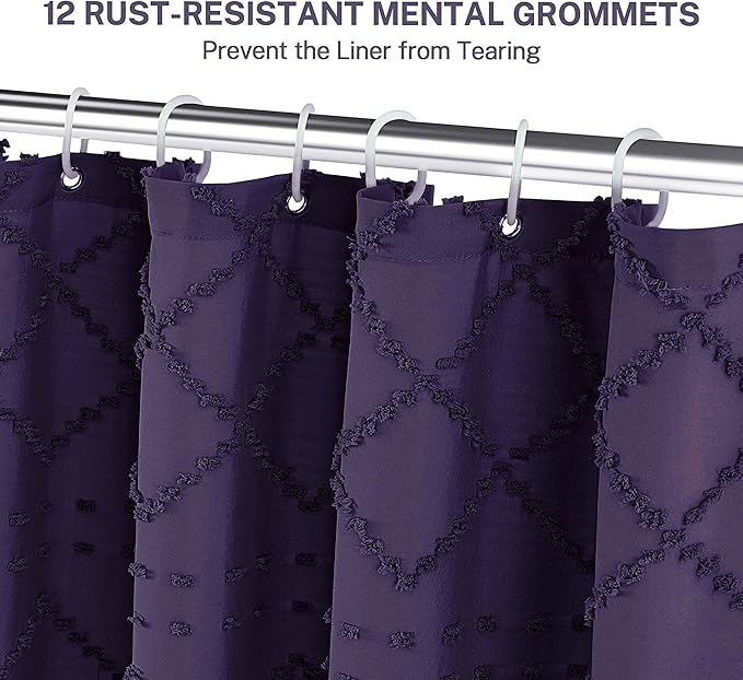 Boho Shower Curtain Dark Purple Woven Fabric Cute Shower Curtain, Tufted Chevron Textured Striped 72" x 72" Modern Farmhouse Minimalist Cloth Shower Curtains for Bathroom