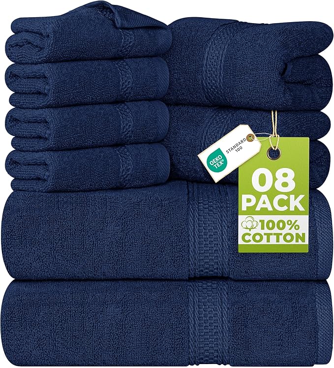 Utopia Towels 8 Piece Luxury Towel Set – Majestic Plush, Super Absorbent & Quicker-to-Dry, Thick 100% Ring Spun Cotton Towels for Bathroom, Spa & Hotel – 2 Bath, 2 Hand, 4 Washcloths, Navy Blue
