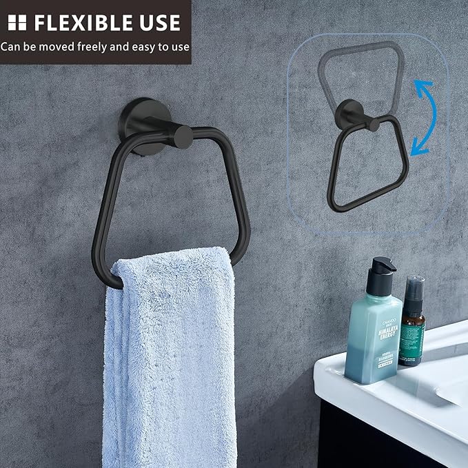Bath Towel Ring, Bathroom Hardware Towel Holder, Matte Black Towel Ring for Bathroom, Modern Trapezoid Wall Mounted Towel Hanger, 304 Stainless Steel (Black)
