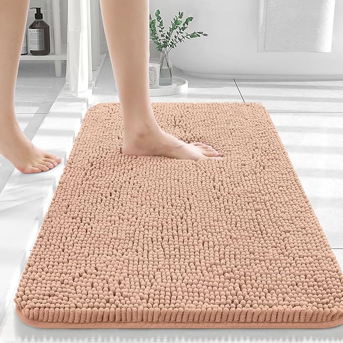 OLANLY Bathroom Rugs 44x32, Extra Soft Absorbent Chenille Bath Rugs, Rubber Backing Quick Dry, Machine Washable Bath Mats for Bathroom Floor, Tub and Shower, Home Decor Accessories, Peach