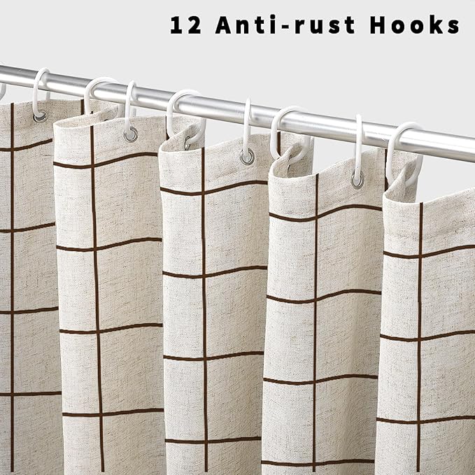 Farmhouse Plaid Shower Curtain Beige Linen Shower Curtains for Bathroom Natural Brown Pattern 72 x 72 Inch