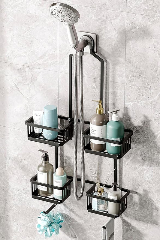 Aluminum Shower Caddy Hanging for Handheld Showerheads, Never Rust Shower Organizer with Hooks Holder Toothbrush Holder，Over Showerhead Caddy for Bathroom, Black