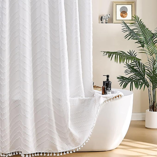Extra Long White Boho Shower Curtain with Tassel, Woven Fabric 90 in Shower Curtain, Tufted Chevron Striped, 72 x 90, Modern Chic Textured Minimalist Bathroom Shower Curtains