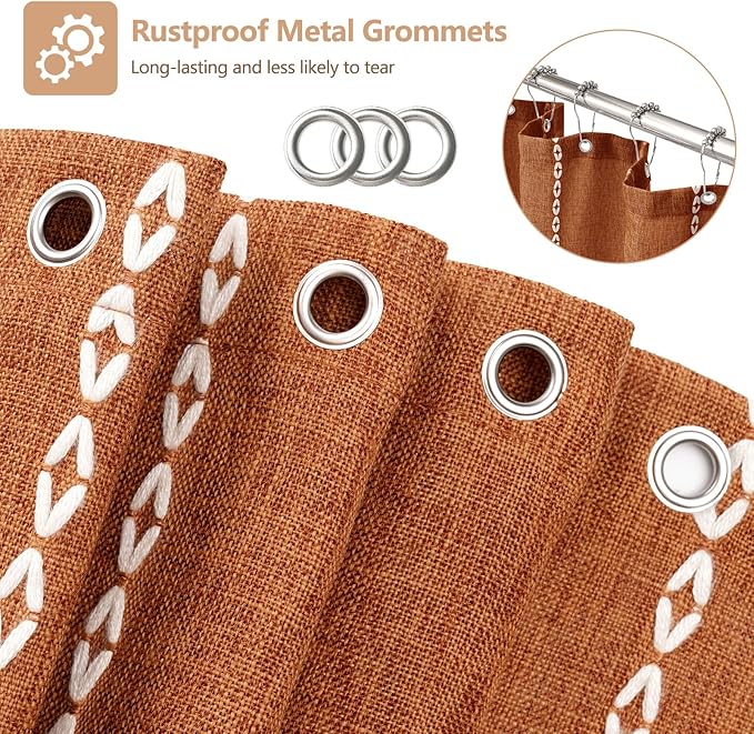72 x 76 inch Extra Long Boho Chic Shower Curtain Heavyweight with Tassels, Sunset Orange Linen Textured Fabric Farmhouse Shower Curtain, Elegant White Striped Bathroom Curtain Water Repellent