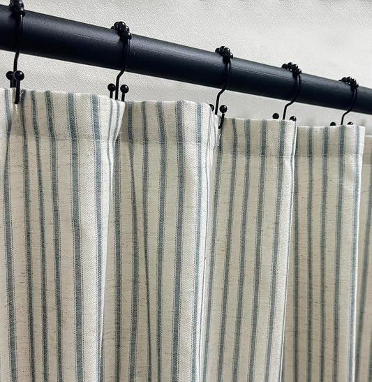 Farmhouse Striped Shower Curtain - 72x72 Inches, Linen Blend Fabric, Breathable & Machine Washable, Rustic Dusty Blue for Bathroom Decor (Hooks/Liner Not Included)