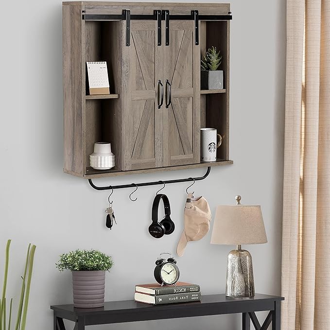 RUSTOWN Rustic Wood Wall Storage Cabinet with Two Sliding Barn Door, 3-Tier Decorative Farmhouse Vintage Cabinet for Kitchen Dining, Bathroom, Living Room, Washed Oak