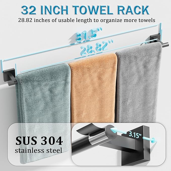 Alise 32 Inch Bathroom Towel Bar, SUS304 Stainless Steel Towel Racks for Bathroom, Towel Rack Wall Mounted Heavy Duty Hand Towel Holder Single Towel Bar, Matte Black