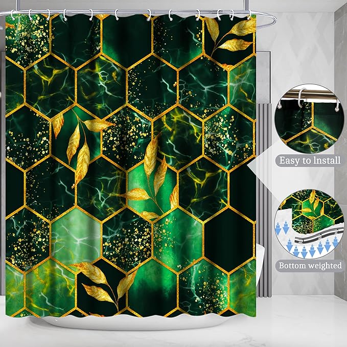 Poedist 4 Pcs Bathroom Shower Curtain Set,Green Honeycomb Marble Bathroom Sets with Rugs(Bath Mat,U Shape and Toilet Lid Cover Mat) and 12 Durable Hooks