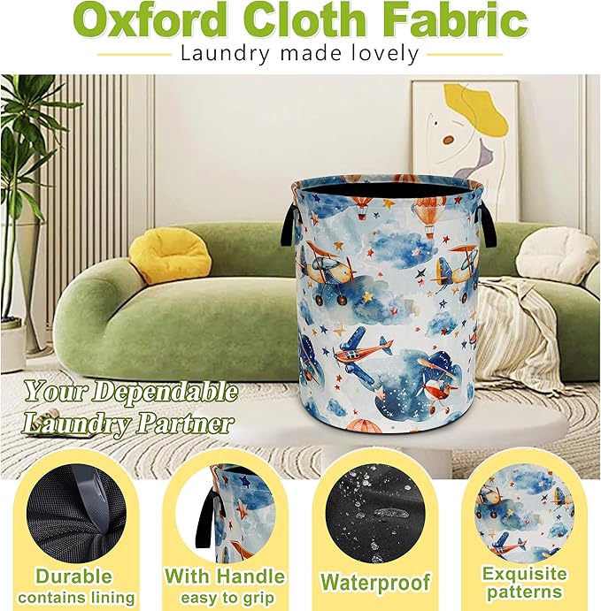 Airplane Laundry Basket Hot Air Balloon Clouds Foldable Waterproof Oxford Cloth Funny Tote Bag Laundry Hamper Clothes Storage Bucket Toy Organizer For Bathroom/Laundry Storage/Bedroom 18.9x16.5 Inch