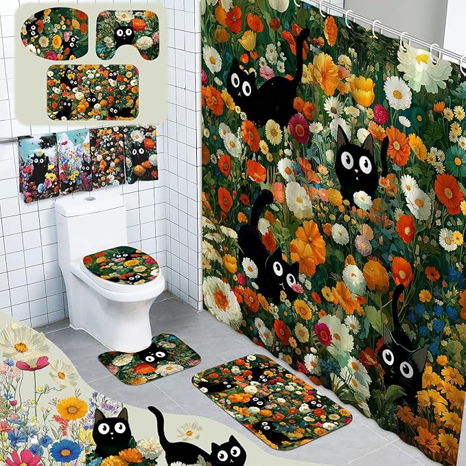 Tatuo 8 Pcs Spring Wildflower Shower Curtain Sets for Bathroom Retro Floral Bathroom Accessories Cute Black Cat Lover Gifts Shower Curtain Sets with Towels Carpet Bath Mat Toilet Rugs and 12 Hooks