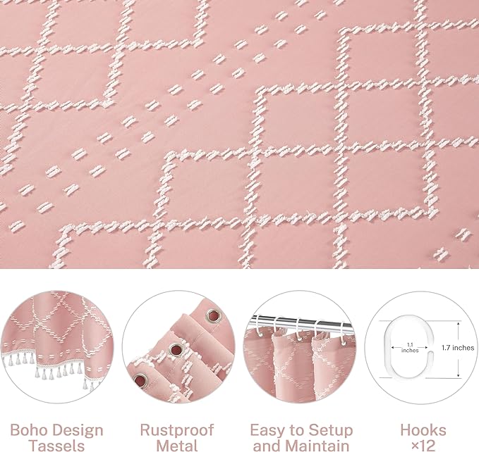 Extra Long Pink Textured Boho Shower Curtain with Tassels 72 x 78 Tufted Chevron Striped Chenille Woven Fabric Cloth Shower Curtain Modern Farmhouse Minimalist, Shabby Chic Home Decor for Bathroom