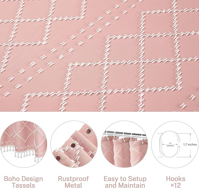 Extra Long Boho Pink Shower Curtain with Tassels 72 x 84, Tufted Chevron Striped Chenille Woven Fabric Cloth Shower Curtain Modern Farmhouse Minimalist, Shabby Chic Textured for Bathroom