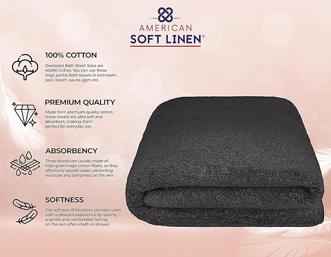 American Soft Linen 100% Cotton 600 GSM Turkish 40x80 Oversized Bath Towel Sheet, Extra Large Adult Towels for Bathroom, Black Bath Sheet