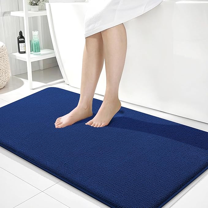 OLANLY Thick Memory Foam Bath Mat Rug 45x27, Extra Soft Absorbent Bathroom Rug, Quick Dry Bath Mats, Non-Slip, Machine Washable Carpet for Bathroom, Tub and Shower, Home Decor Accessories, Navy