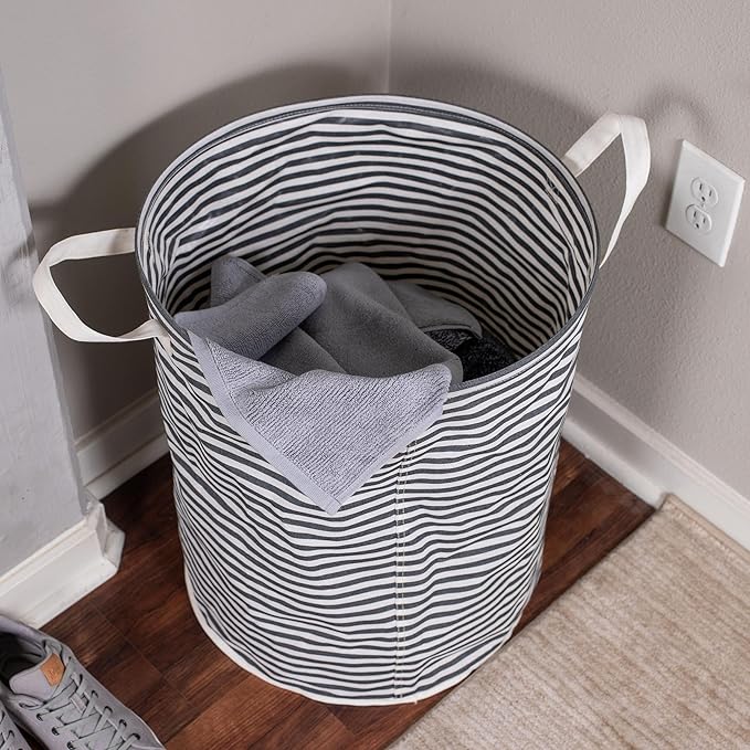 BIRDROCK HOME Collapsible Single Round Laundry Hamper Basket - Grey & White Stripes Bin - Compact Dirty Clothes Organizer Bag