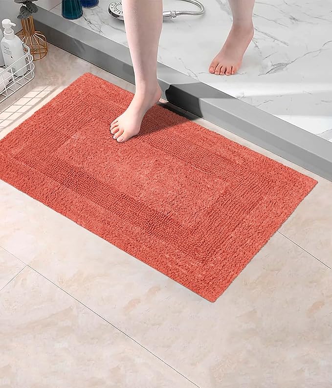 COTTON CRAFT Luxurious Bath Mat Rug - Set of 2 Reversible Heavyweight Step Out Bath Mats for Bathroom Floor, Tub and Shower - Pure Cotton Soft Plush Absorbent Tufted Racetrack Mat - 17 x 24 in - Coral