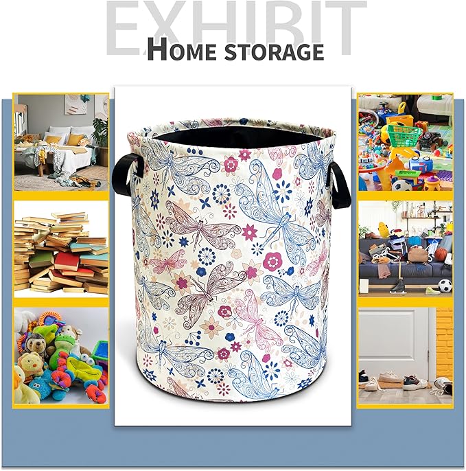 NUTAINLA Dragonfly Laundry Basket Flowers Foldable Oxford Cloth Funny Tote Bag Laundry Hamper Clothes Storage Bucket Toy Organizer For Bathroom/Laundry Storage/Bedroom 18.9x16.5 Inch