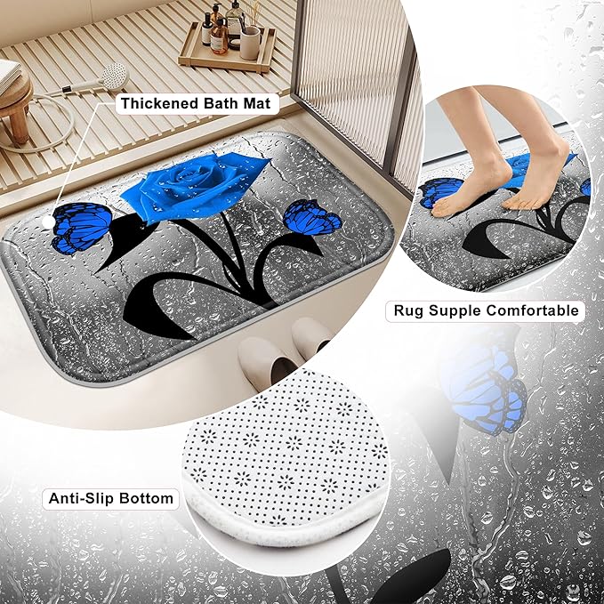 Poedist 4 Pcs Bathroom Shower Curtain Set,Blue Rose Bathroom Set, Shower Curtain Sets with Rugs(Bath Mat,U Shape and Toilet Lid Cover Mat) and 12 Hooks
