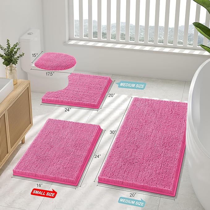Smiry Luxury Chenille Toilet Rugs U-Shaped 24x20, Soft Absorbent Non-Slip Contour Bathroom Rugs for Toilet, Machine Washable Contoured Bath Mats, Hot Pink