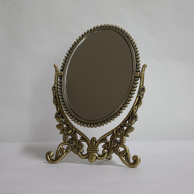 SEHAMANO Vintage Antique Embossed Roses Pattern Makeup Table Mirror, Decorative Oval Shaped Stand Mirror, Vanity Cosmetic Double Sided Rotatable Ellipse Metal Frame Mirror (Brass (Matt Gold), Medium)