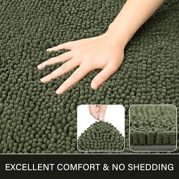 LOCHAS Luxury Bathroom Rug Shaggy Bath Mat 20 x 30 Inch, Washable Non Slip Bath Rugs for Bathroom Shower, Soft Plush Chenille Absorbent Carpets Mats, Olive Green