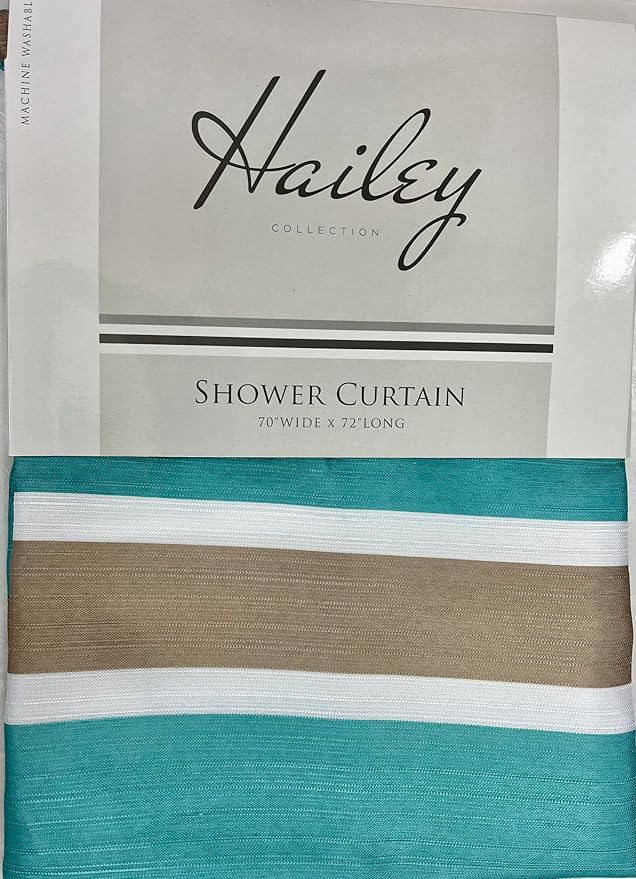 Serafina Home Striped Fabric Shower Curtain, Aqua Brown White Coastal Design, 70 x 72 Inches, with Hooks