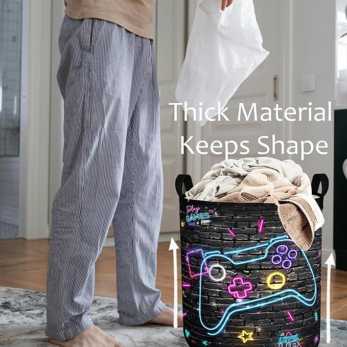 Gamer Laundry Basket Boys Hamper Foldable Kids Clothes Hampers Storage Basket Toy Organizer Boys Bedroom Decor (Neo gamepad, 43L)
