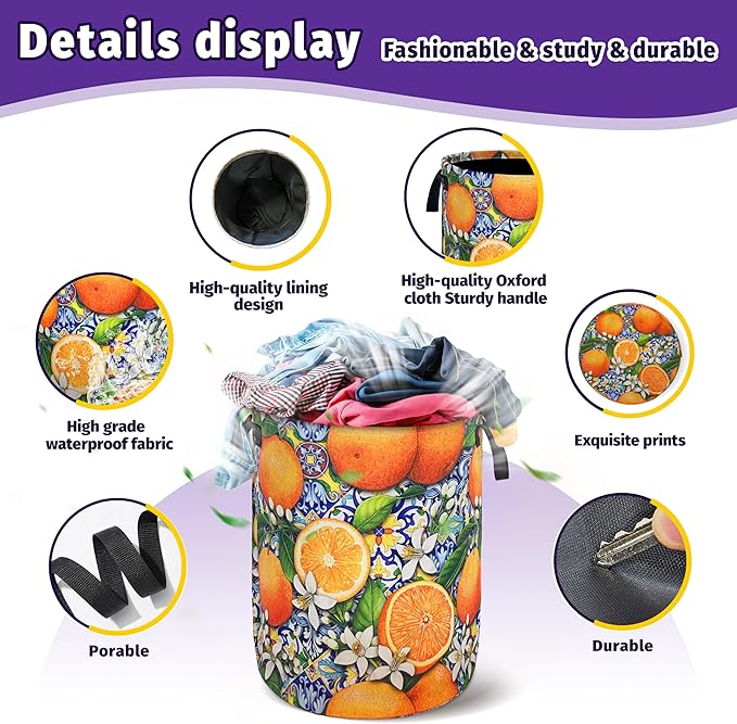 Tangerine Laundry Basket Mexican Tiles Foldable Oxford Cloth With Handle Portable Colorful Storage Basket Organizer Suitable For Laundry Room/Living Room/Children'S Room (18.9 X 16.5 Inch)