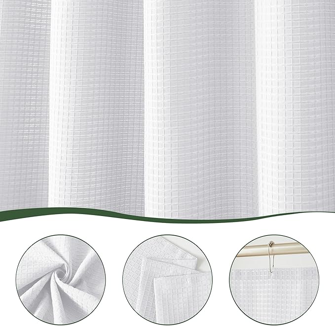 Luxury Waffle Weave Shower Curtain Elegant Hotel Style Fabric for Bathroom, Water Repellent, Machine Washable White Waffle