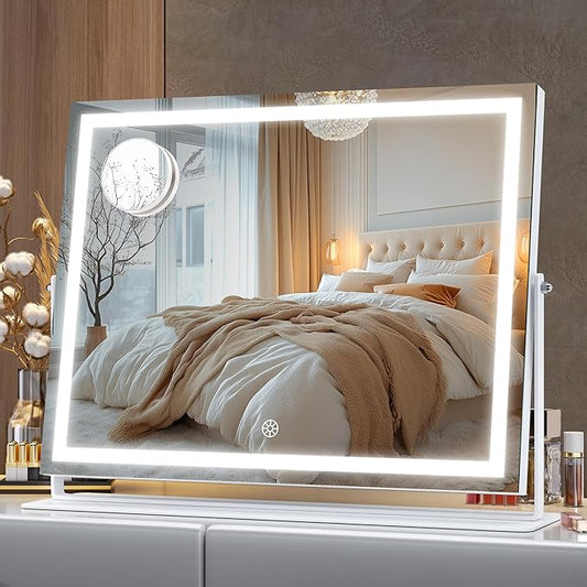 Hasipu 17.7" x13.8” LED Vanity Mirror with Lights - Touch Control Makeup Mirror with 10X Magnification, 3 Color Modes, 360° Rotation & Brightness Adjustment