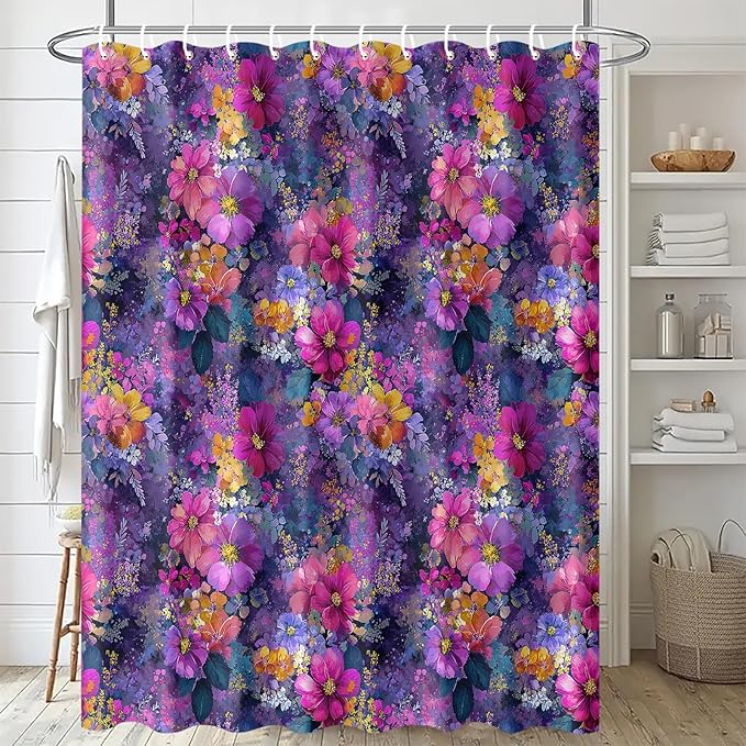 Floral Shower Curtain 72x72 Inch Fabric Bathroom Curtain Purple Flower Print for Boho Bathroom Decor