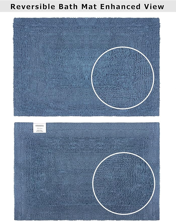 COTTON CRAFT Luxurious Bath Mat Rug - Set of 2 Reversible Heavyweight Step Out Bath Mats for Bathroom Floor, Tub and Shower - Pure Cotton Soft Plush Absorbent Tufted Racetrack Mat - 17x24 - Azure Blue