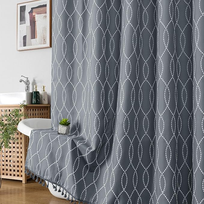 OVZME Dark Grey Shower Curtain for Bathroom, Puff Printed Textured Shower Curtain with Tassels, Rustic Geometry Heavy Duty Vintage Country Bathroom Curtain, Water Resistant Fabric, 72Wx72L Inches